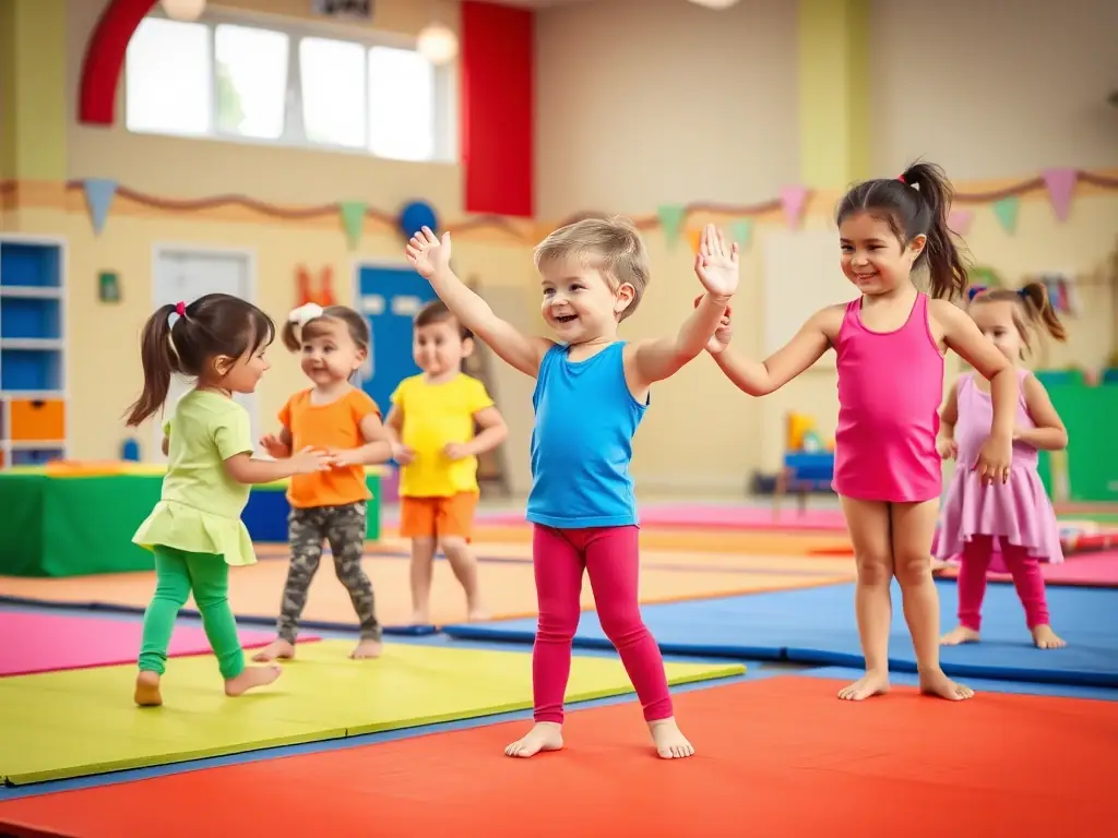 A group of children of varying ages are participating in a gymnastics class, guided by an instructor, in a well-lit gymnasium. The focus is on teamwork and learning new skills.