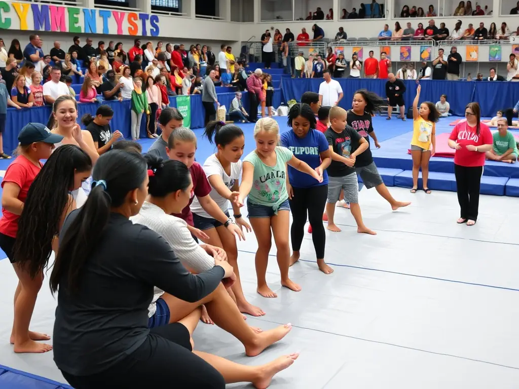 A group of diverse individuals of varying ages and skill levels participating in a gymnastics class at ENERGYM, showcasing the supportive and inclusive community.