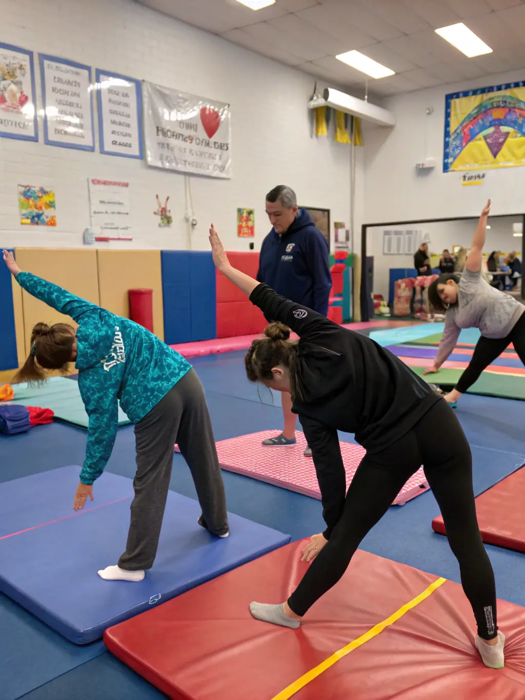 A photograph of adults participating in a recreational gymnastics class, highlighting the social and fitness benefits, with participants smiling and supporting each other.