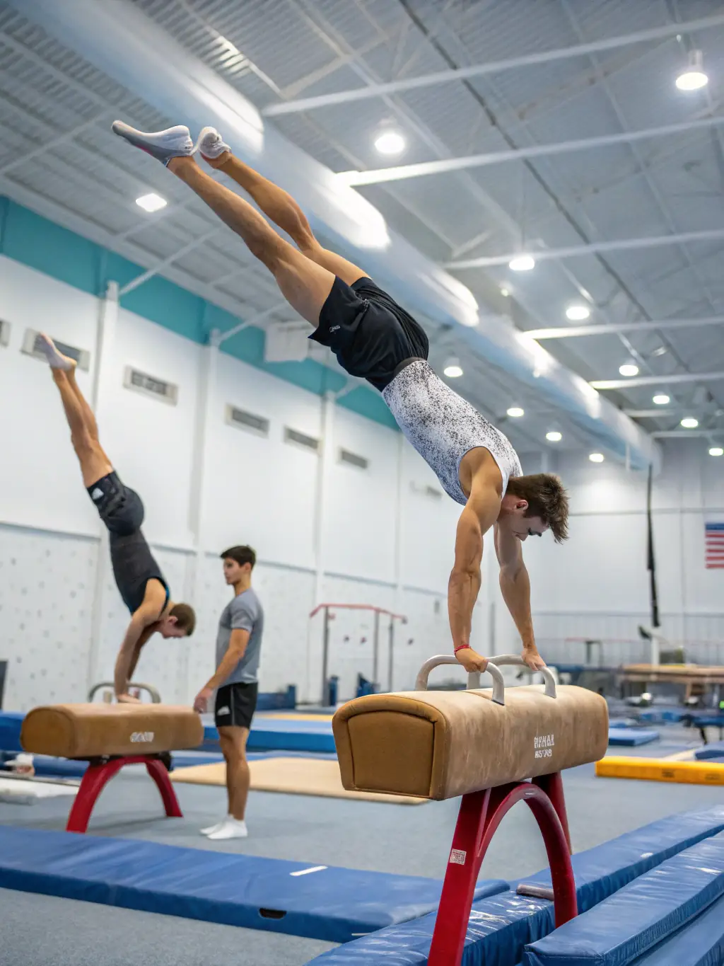 An image showcasing teenagers practicing advanced gymnastics techniques on the balance beam, emphasizing precision, balance, and control, with a qualified instructor supervising.