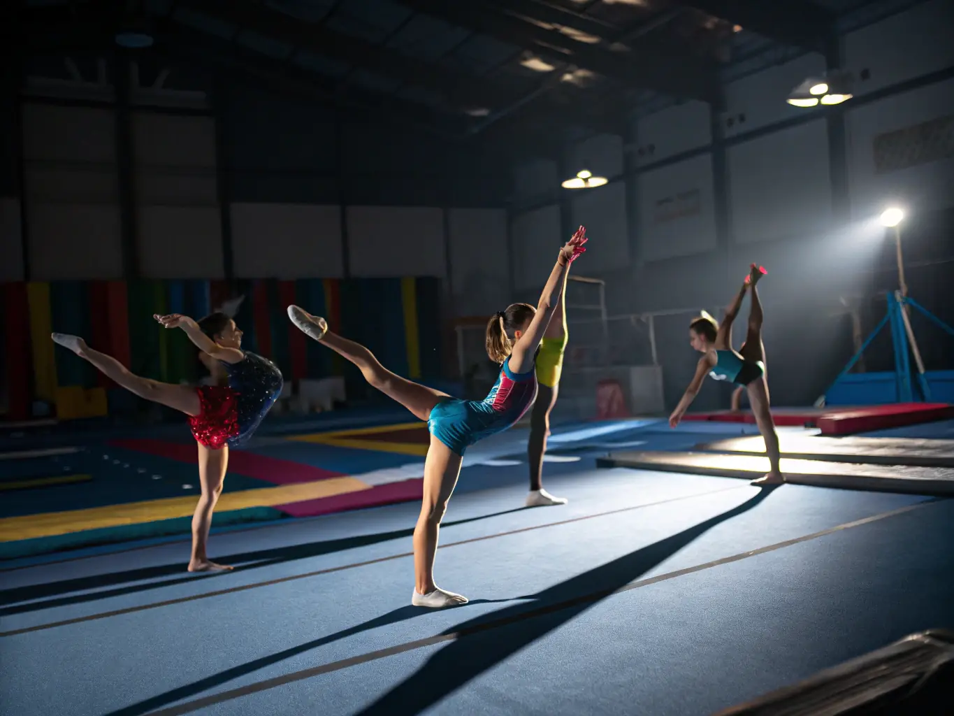A photograph of adult gymnasts performing synchronized movements during a gymnastics class, showcasing the elegance and precision of the sport.