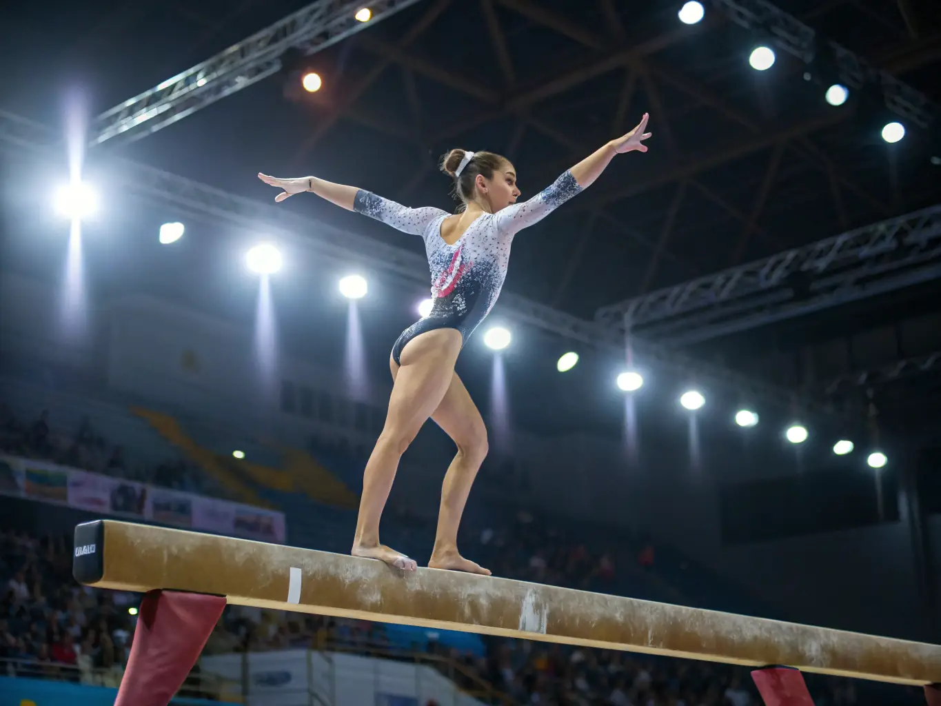 A gymnast is performing a floor routine, demonstrating balance, agility, and grace. The gymnast is wearing a professional uniform and is focused on their performance.